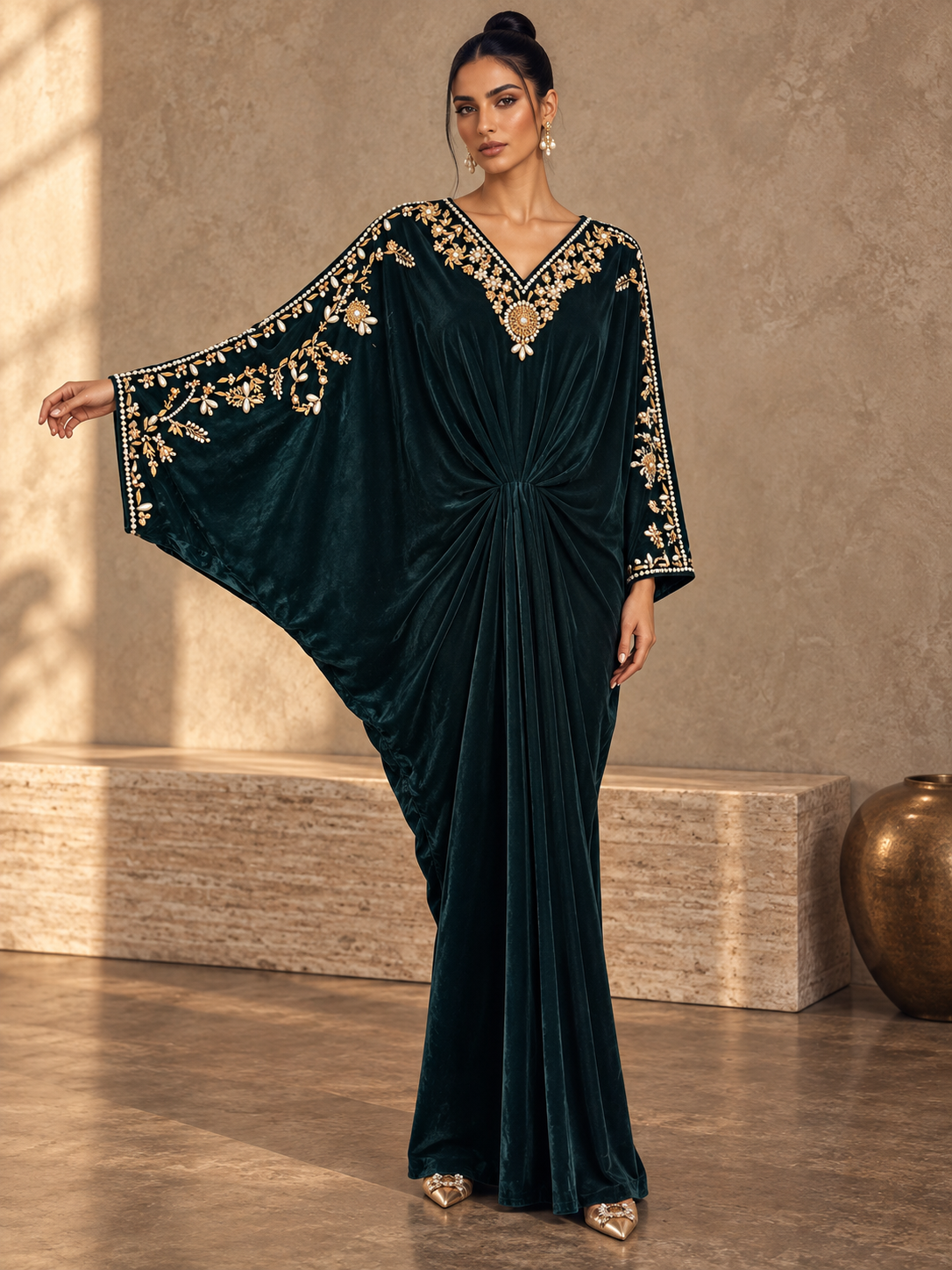 Velvet Kaftan Pearl - Bottle Green — AI-styled editorial cover