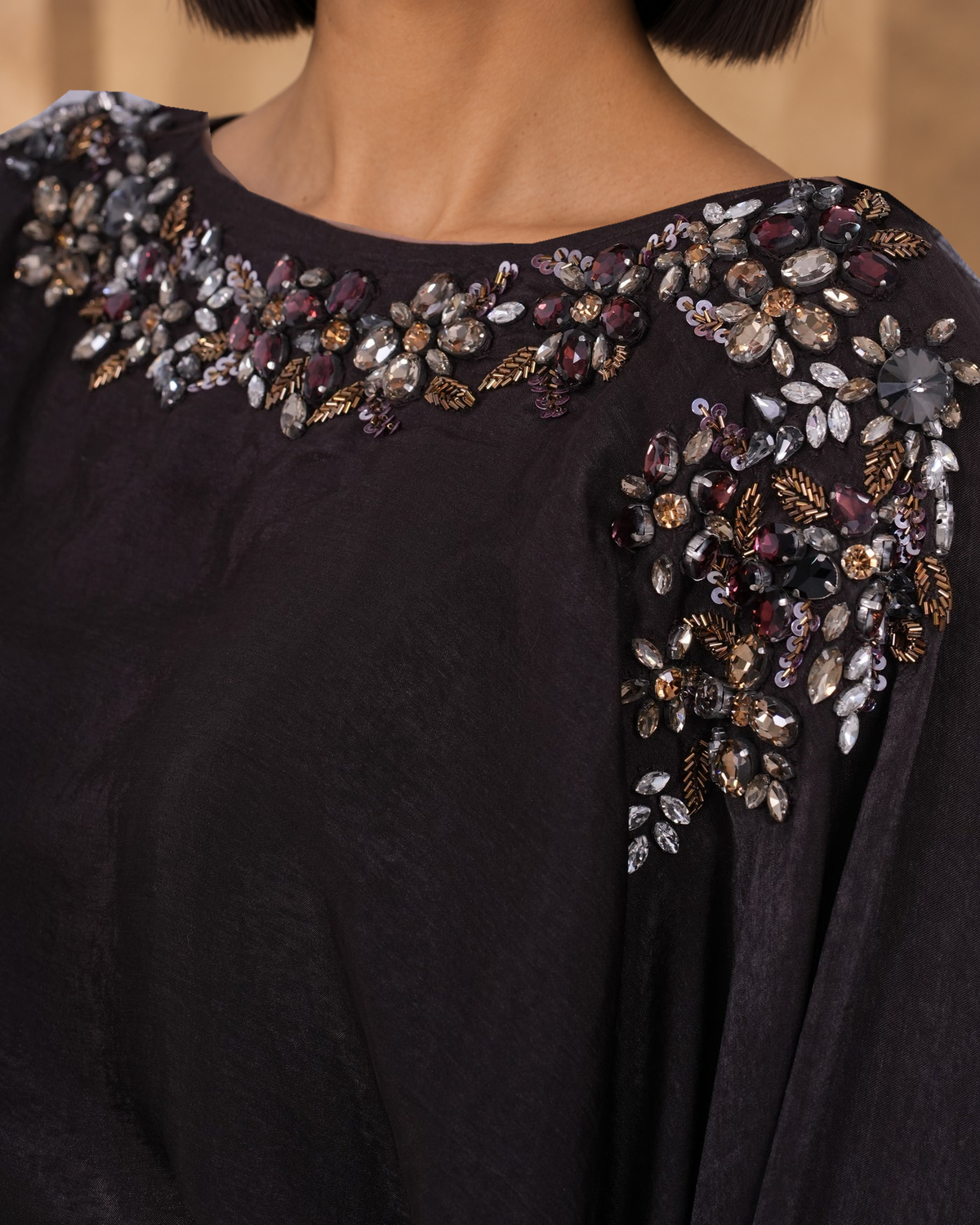 Amaya Brown original jewelled neckline detail, model-styled photograph