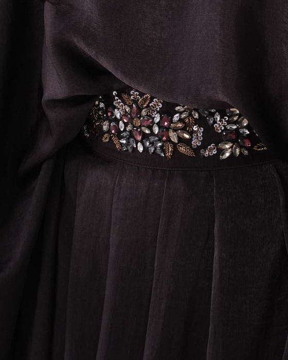 Amaya Brown original embellished waist and pleated fabric detail