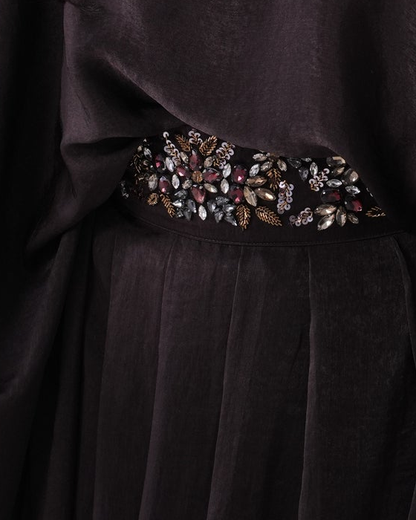 Amaya Brown original embellished waist and pleated fabric detail