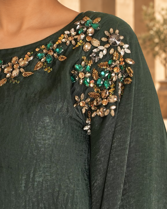 Amaya Emerald original jewelled shoulder detail, model-styled photograph
