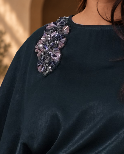 Arwa Emerald original jewelled shoulder detail, model-styled composite