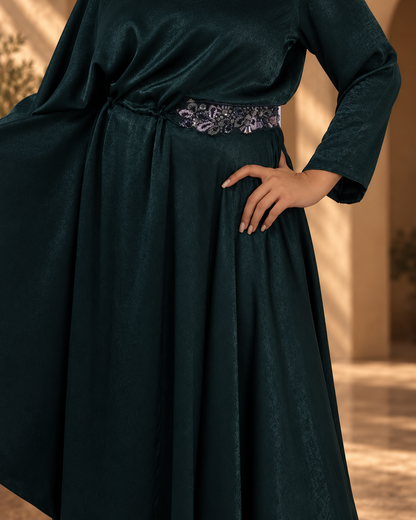 Arwa Emerald waist embellishment and drape detail, model-styled composite