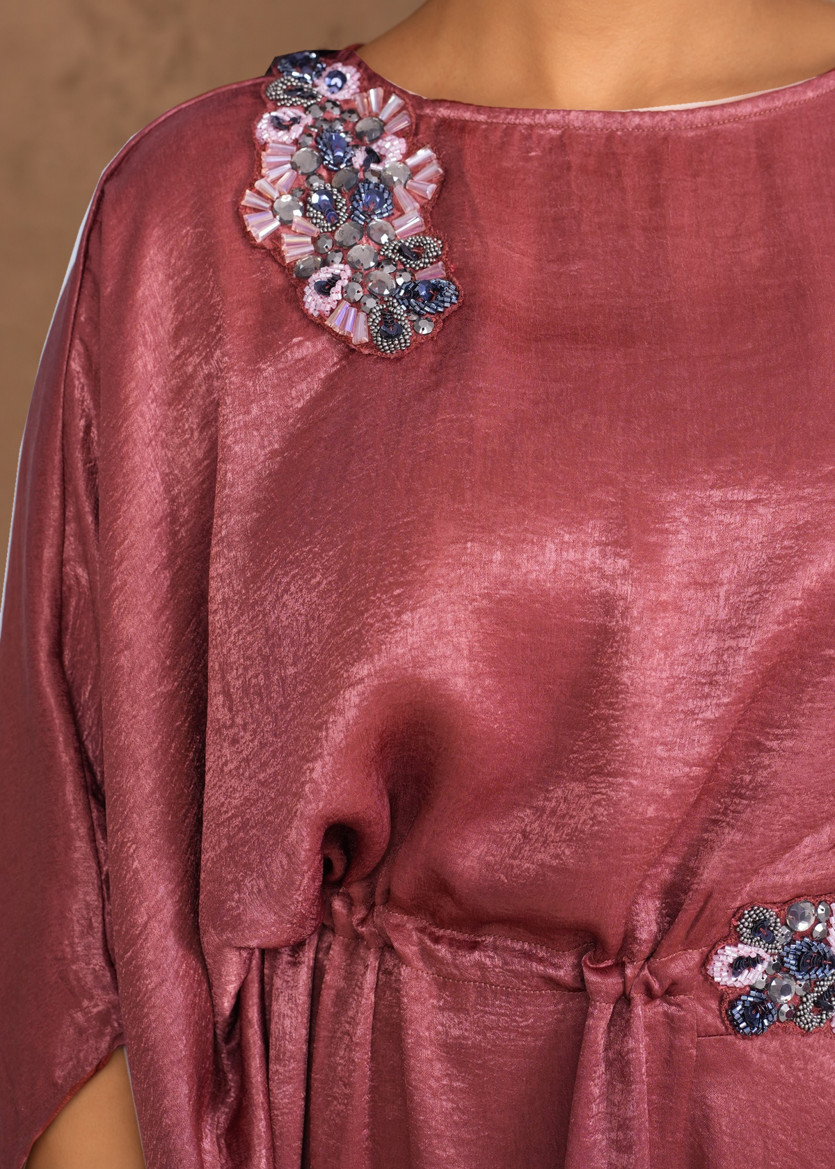Arwa Rust original jewelled shoulder and fabric detail, model-styled composite