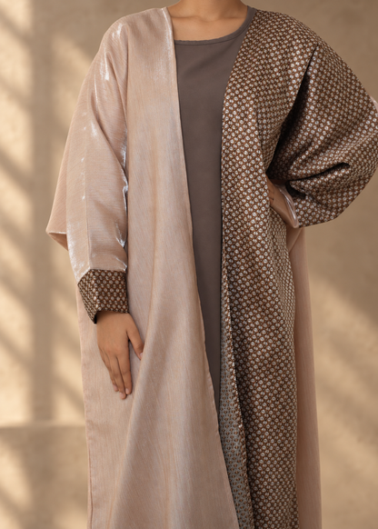 Dilara Mocha asymmetric robe, cuffs and panel detail with model-matched skin