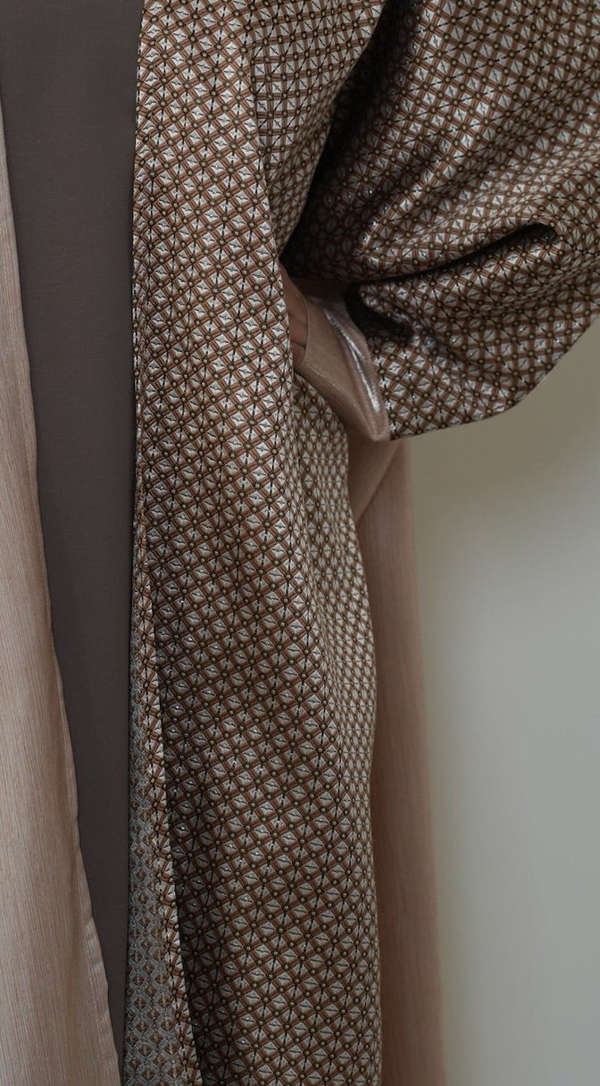 Dilara Mocha original geometric panel, cuff and satin contrast close-up