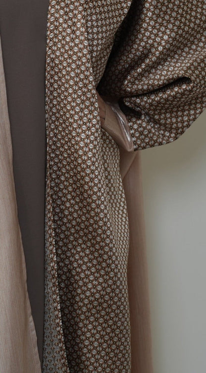 Dilara Mocha original geometric panel, cuff and satin contrast close-up