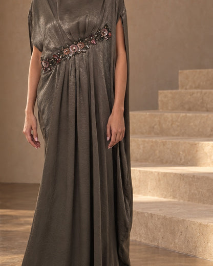 Elena Olive original beadwork, pleating and satin drape detail with cover model hands