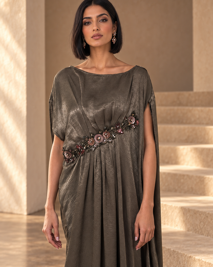 Elena Olive neckline, drape and floral embellished waist with cover model