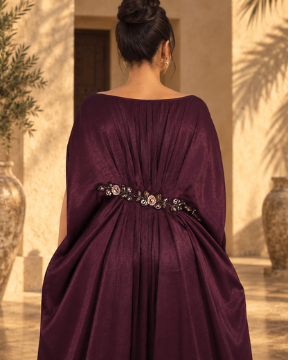 Elena Wine rear pleating and floral embellished waist with cover model styling