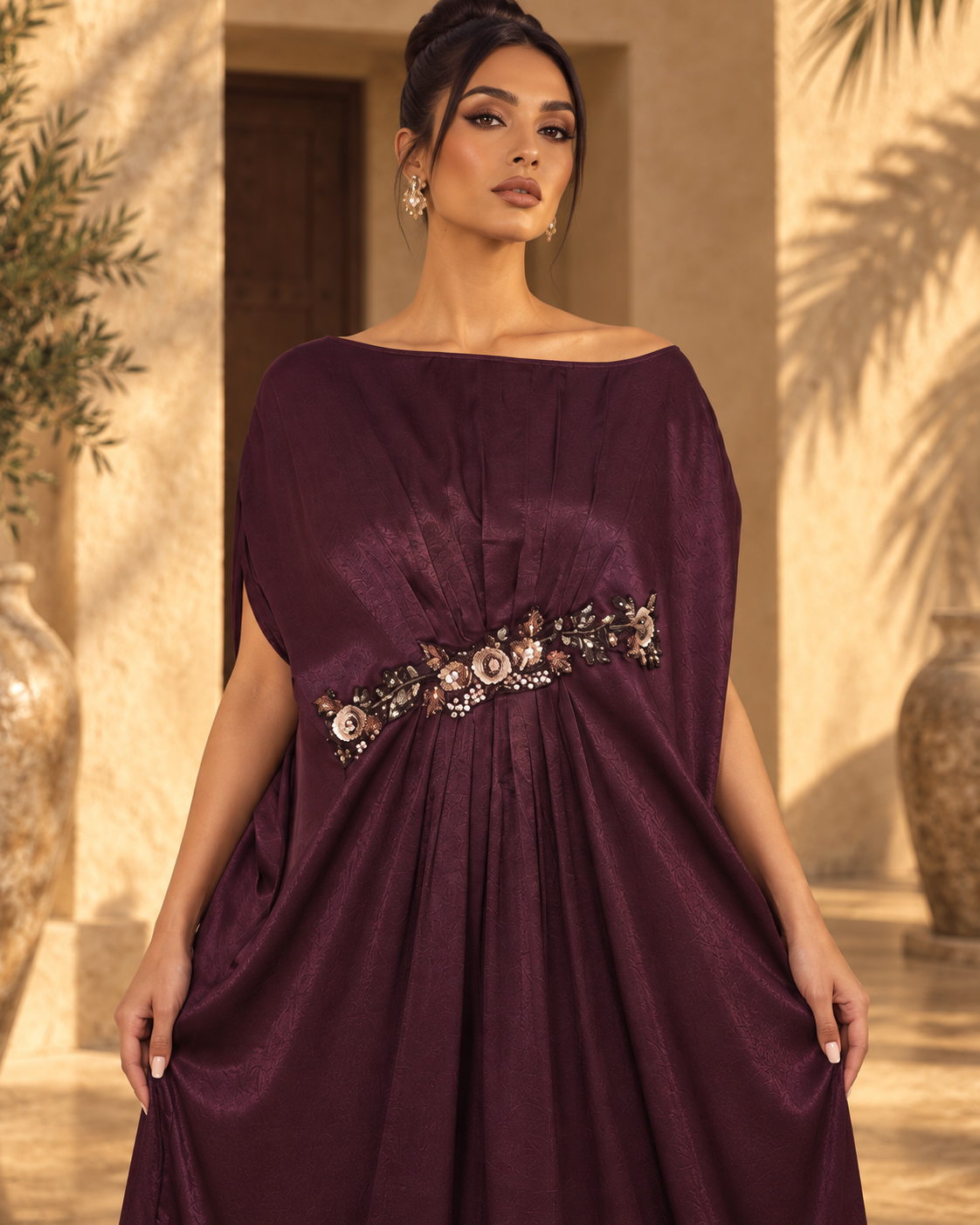Elena Wine neckline, pleating and embellished waist with cover model