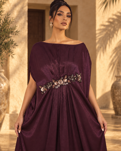 Elena Wine neckline, pleating and embellished waist with cover model