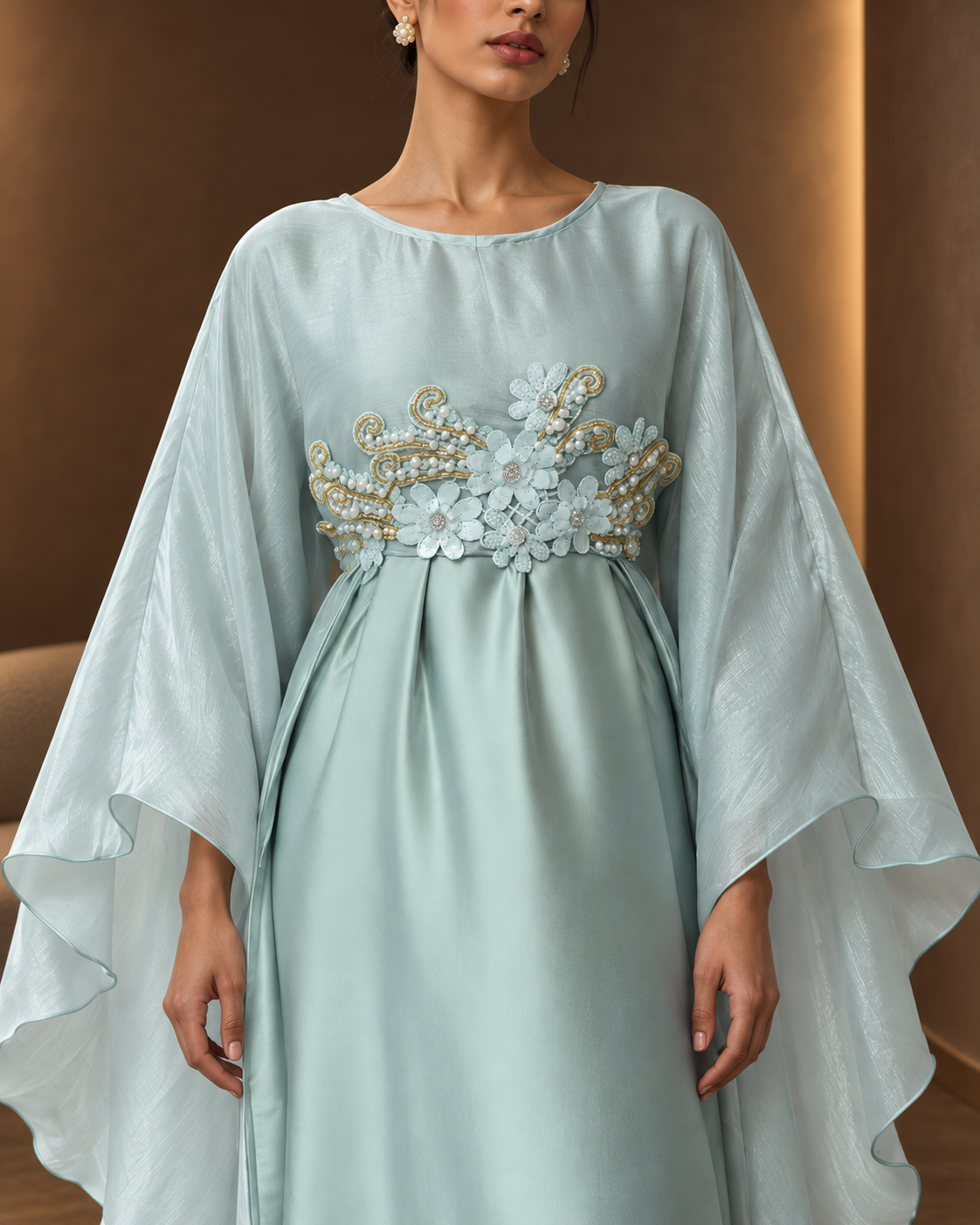 Farasha Ice Blue cape, satin slip and embellished empire waist with cover model