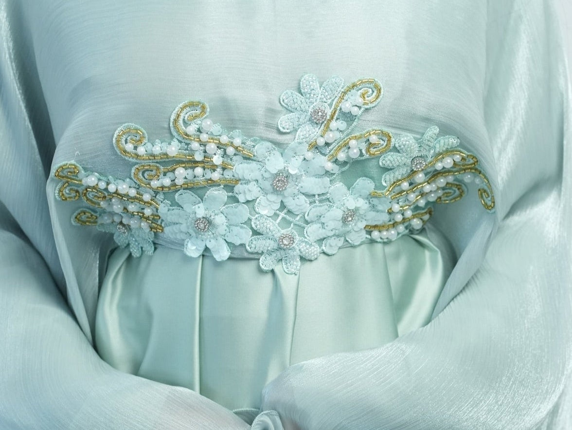 Farasha Ice Blue original floral appliqué, pearl and gold embroidery close-up
