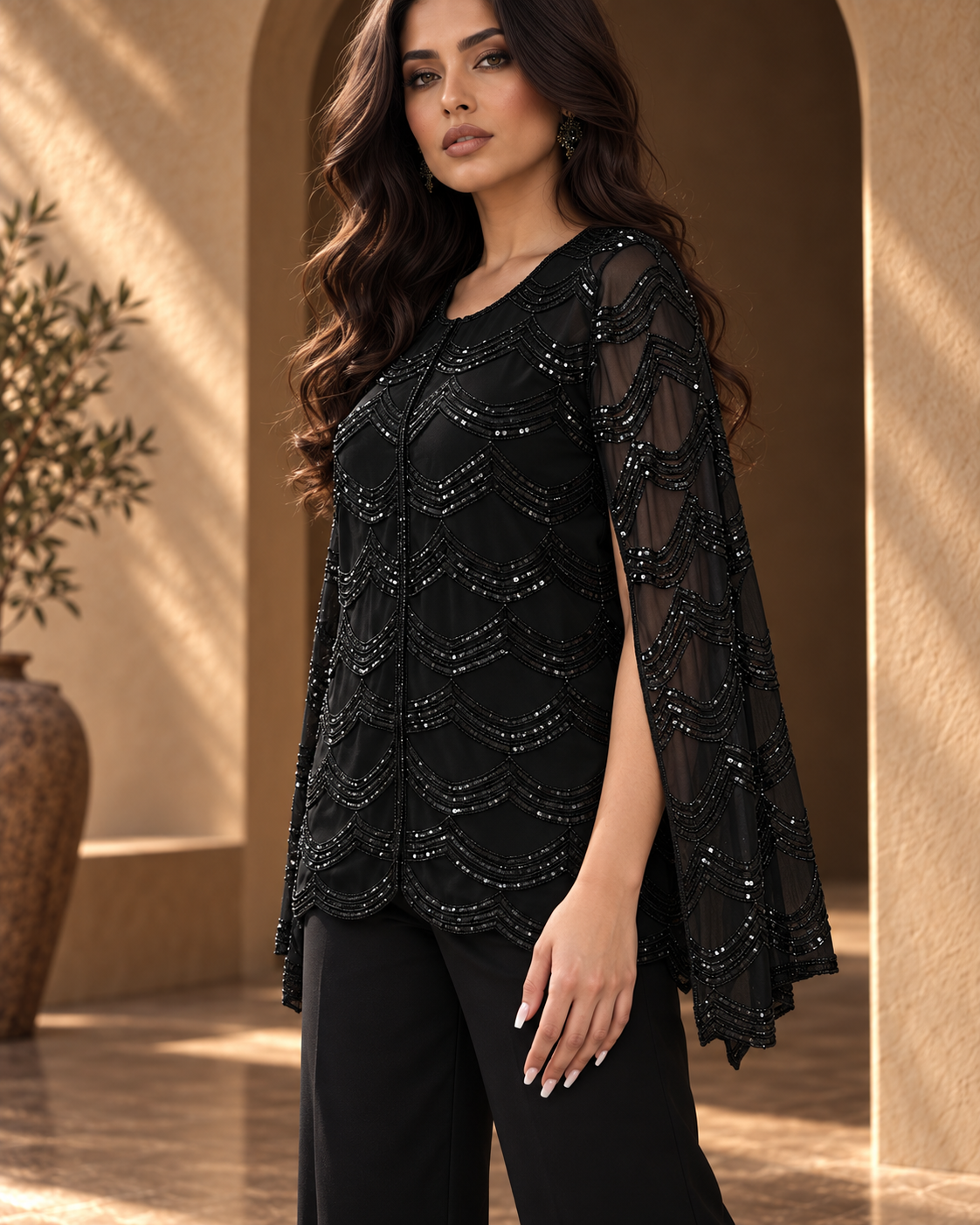 Haya Black sheer beaded cape sleeve and tailored trouser detail with cover model